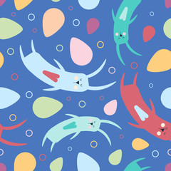 Fototapeta na wymiar Seamless pattern with colorful rabbits, hearts, circles, eggs on a blue background. Easter. Cartoon illustration. Vector.