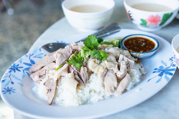 Hainanese chicken rice in the morning.Thailand.