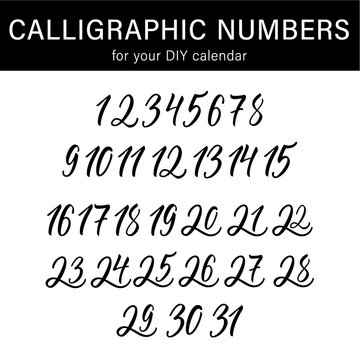 Calligraphic numbers for your DIY calendar design. Modern calligraphy set.