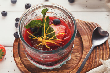 Chia pudding with berries, healthy restaurant dessert