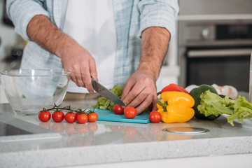 cropped image of man cutting vegetables for salad