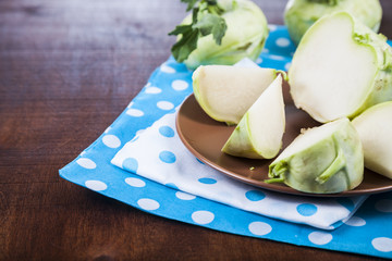 Kohlrabi on a wooden table.