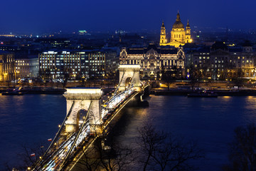 Chain Bridge and St. Stephans Basilivca at night, Budapest, Hungary