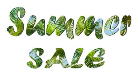 Summer Sale text sign on tropical green leaves and blue sky background.