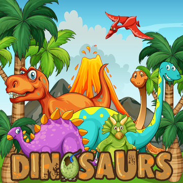Different types of dinosaurs by the volcano