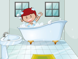Naklejka premium Boy taking bubble bath alone