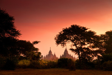 Scenic sunrise above Bagan in Myanmar.