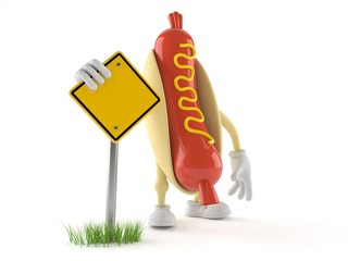 Hot dog character with blank road sign