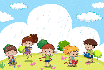 Happy children playing in the rain