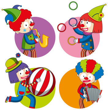 Sticker design with happy clowns