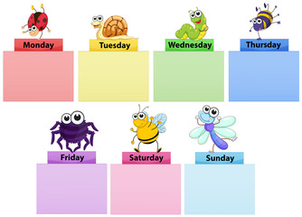 Days of the week banner template with colorful bugs