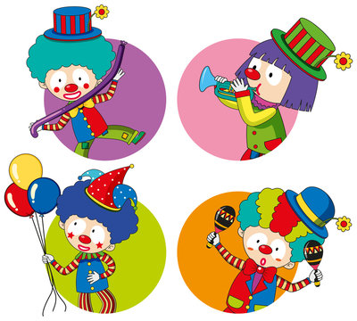 Sticker templates with happy clowns