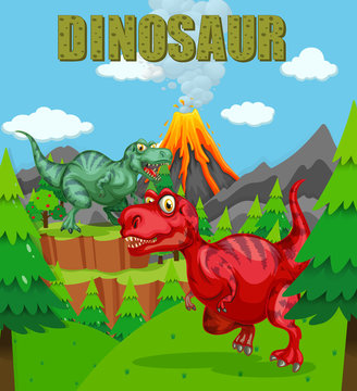 Dinosaur poster with two t-rex in the field