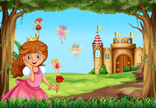 Cute princess and fairies in garden