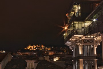 Views of Santa Justa elevator at night in Lisbon