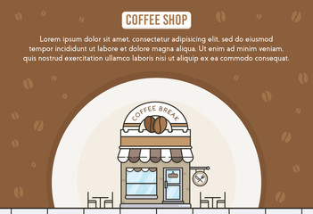 Online store building. Flat cartoon style shop facade front view. Coffee shop vector concept in flat design. Coffee shop storefront building. vector illustration