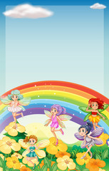 Fototapeta na wymiar Background scene with fairies flying over rainbow