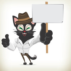 Cartoon business character cat holding a blank placard