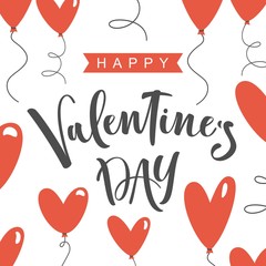 Happy Valentine's day card template with hand drawn red heart balloons and lettering.