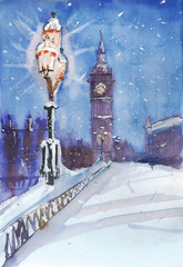 London night street view painting, streetlamp and Big Ben - obrazy, fototapety, plakaty