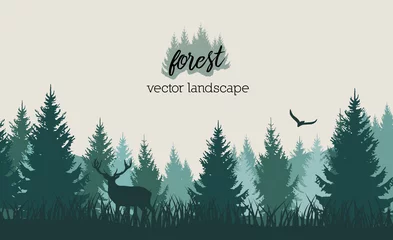 Foto op Aluminium Vector vintage forest landscape with blue and grees silhouettes of trees and wild animals © Kateina