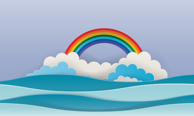 paper art style with sea and sky background pastel color scheme vector illustration