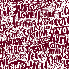 Love pattern. Seamless pattern with phrases and words about love. Can be used for wedding or Valentine's day decoration
