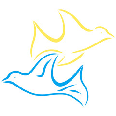 Two flying pigeons drawn in smooth lines