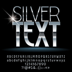 Vector Silver Text. Set of glossy Alphabet Letters, Symbols and Numbers