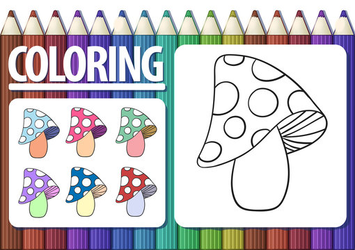 Page of coloring book with contour cartoon mushroom and colored examples.