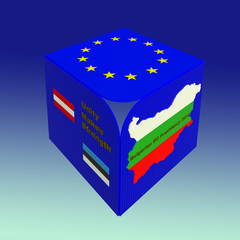 Bulgarian EU council presidency 2018 sign 3D illustration. Eu flag, Bulgarian flag, Bulgarian map, Austrian flag, Estonian flag, gradient color background. Collection.
