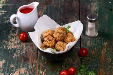 Vietnamese food. Delicious homemade fish balls on wooden table.