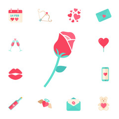 Love rose flat line icon. Flower for Valentine's day. Digital vector february happy valentine's day and wedding celebration color simple flat icon set with red heart and love Vector illustration