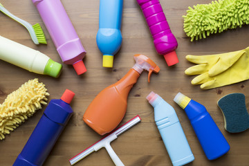 House cleaning product on wood table