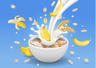 Oatmeal with pouring milk Oats and banana with spikelets of cereals. Vector illustration