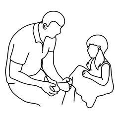 father putting a shoe on his daughter vector illustration outline sketch hand drawn with black lines isolated on white background