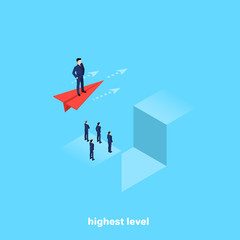 a man in a business suit flies over an abyss on a red paper plane, an isometric image