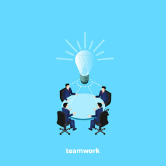 business people work in a team to create a business idea, an isometric image