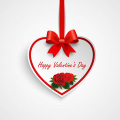 Valentine greeting card with heart and red ribbon roses