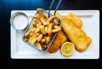 British Traditional fish and chips and tartar sauce