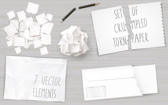 Set of different crumpled and torn sheets of paper. Broken pencil. Vector graphics.
