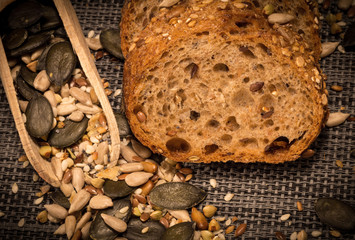 Bread background closeup with cereals mix 6
