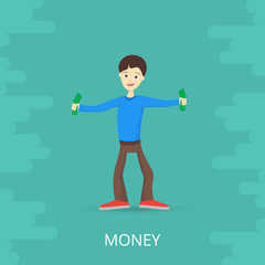 Young man is happy about money. Holds money in his hands. Vector illustration