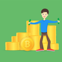 A young man is happy about money. Holds money in his hands. A stack of gold coins bitcoin. Crypto currency is bitcoin. Vector illustration