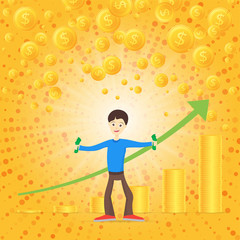 Young man is happy about money. Holds money in his hands. Growth chart. Gold coins are falling. Vector illustration