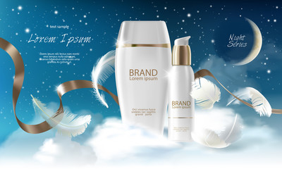 Vector realistic skin care cream night series. Jar, spray, container with cosmetic cream on night background with clouds. 3d template mock up for branding to promote luxury cosmetic product.