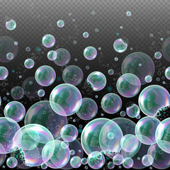 Vector 3d soap transparent bubbles. Water spheres, realistic balls, soapy balloons, soapsuds. Glossy foam aqua, bright abstract illustration.