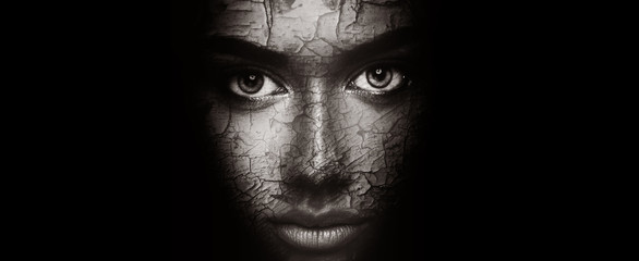 Dry skin concept. Woman with cracked face texture - obrazy, fototapety, plakaty