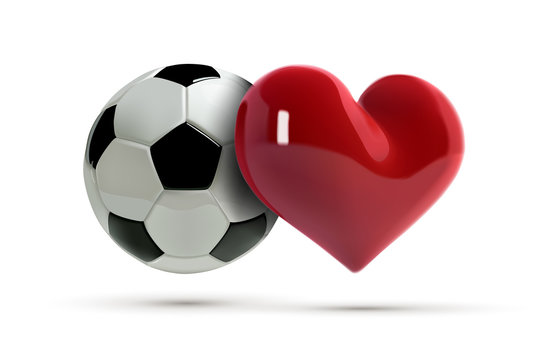 Soccer or football Vector Ball and red heart. Realistic soccer ball with love heart in 3d Style. Football love banner