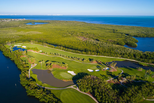 Aerial landscape photo of a coastal golf course